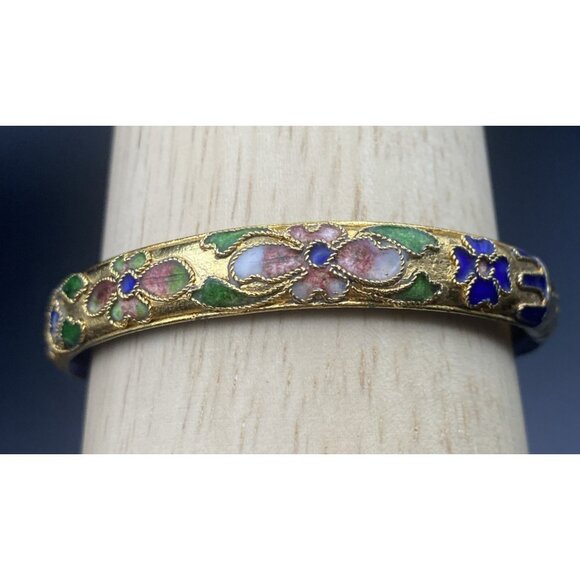 Vintage Cloisonné Bangle Bracelet Blue Gold Floral Motif Enamel Hinged 7"x1/3"w - Picture 6 of 15
